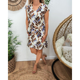  Robe droite femme écrue motifs bleus et marrons Bohdana