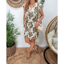  Robe droite femme écrue motifs kaki et marron Bohdana