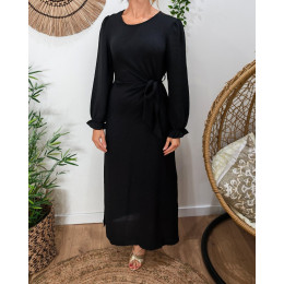  Robe longue femme nouée noire Elise manches longues