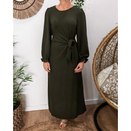  Robe longue femme nouée kaki Elise manches longues