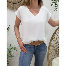 Top femme blanc liseré doré dos noué