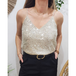 Top beige sequins argentés