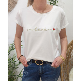 T-shirt femme blanc love doré coeur rouge