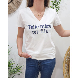 T-Shirt femme blanc Telle mère tel fils marine