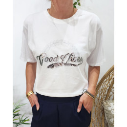 T-Shirt femme blanc Good vibes argent