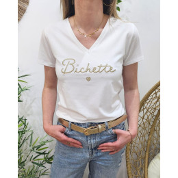 T-Shirt femme écru broderie bichette dorée
