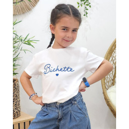 T-Shirt enfant ecru broderie bichette bleu