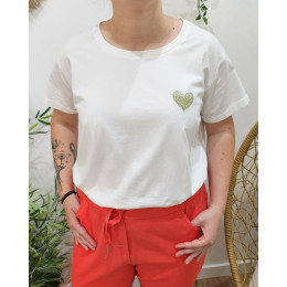 T-Shirt blanc broderie coeur dégradé doré