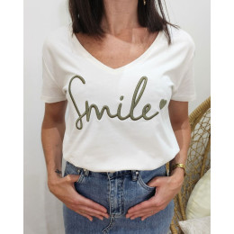 T-Shirt femme blanc broderie smile kaki