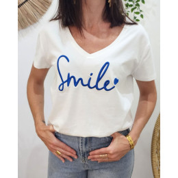 T-Shirt femme blanc broderie smile bleu roi