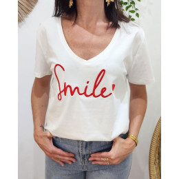 T-Shirt femme blanc broderie smile rouge