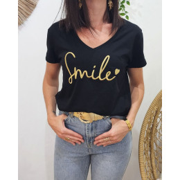 T-Shirt femme noir broderie smile doré
