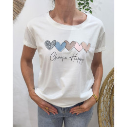 T-shirt femme blanc coeurs pastels Choose Happy noir