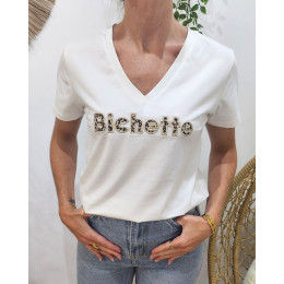 T-shirt femme blanc broderie bichette léopard