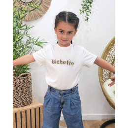 T-Shirt enfant ecru broderie bichette léopard