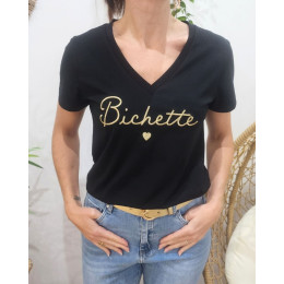 T-Shirt femme noir broderie bichette dorée