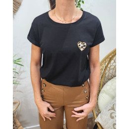 T-shirt femme noir coeur léopard taupe