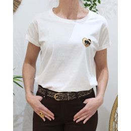 T-shirt femme blanc coeur léopard camel