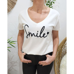 T-Shirt femme blanc broderie smile noir