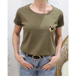 T-shirt femme kaki coeur léopard taupe