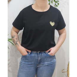 T-Shirt noir broderie coeur dégradé doré