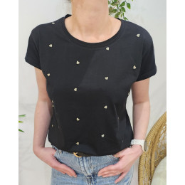 T-Shirt femme noir coeurs brodés dorés