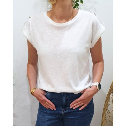 T-Shirt femme blanc bride épaule boutonnée