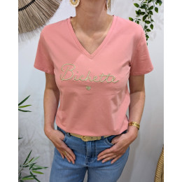 T-Shirt femme rose broderie bichette dorée