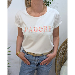 T-Shirt femme blanc J'adore motifs corail jaunes beiges