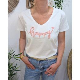 T-Shirt femme blanc broderie happy rose poudré
