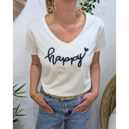T-Shirt femme blanc broderie happy bleu marine