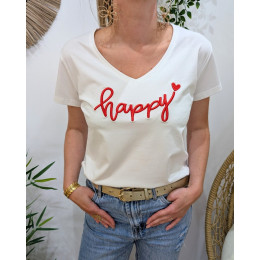 T-Shirt femme blanc broderie happy rouge