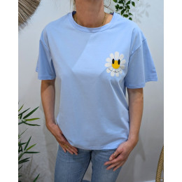 T-Shirt femme bleu ciel fleurs good vibes Only