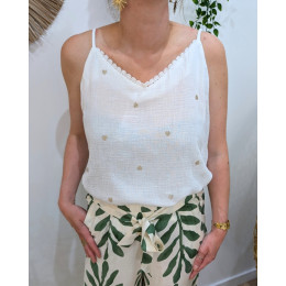 Top femme à bretelle coton gaze blanc coeurs dorés