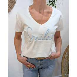 T-Shirt femme blanc broderie smile bleu ciel