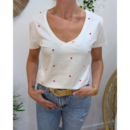 T-Shirt femme col V blanc coeurs brodés rouges