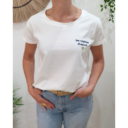 T-Shirt femme blanc broderie les copines d'abord marine