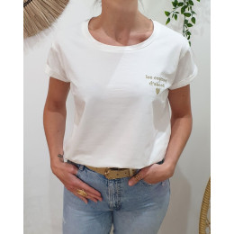 T-Shirt femme blanc broderie les copines d'abord dorée