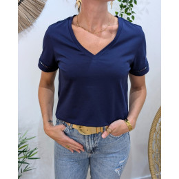 T-Shirt femme bleu marine épaules et manches ajourées Félicity