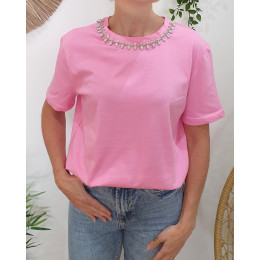 T-Shirt femme rose baby col à strass