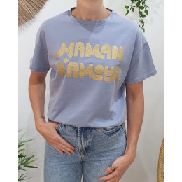 T-Shirt femme bleu gris maman d'amour paillettes dorées