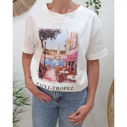 T-shirt femme blanc Saint Tropez multicolore