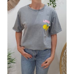 T-shirt femme gris délavé Limon jaune rose vert