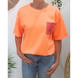 T-shirt femme orange fluo Soleil rouge mauve