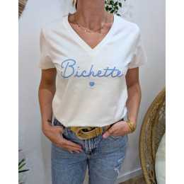 T-Shirt femme écru broderie bichette bleu ciel