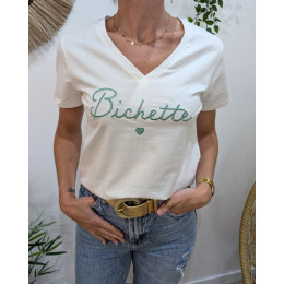 T-Shirt femme écru broderie bichette vert agate