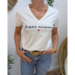 T-Shirt femme blanc Super maman bleu marine