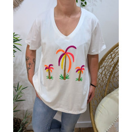 T-Shirt femme oversize blanc palmiers multicolores