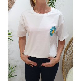 T-Shirt femme blanc fleurs good vibes Only bleu et jaune