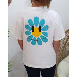 T-Shirt femme blanc fleurs good vibes Only bleu et jaune